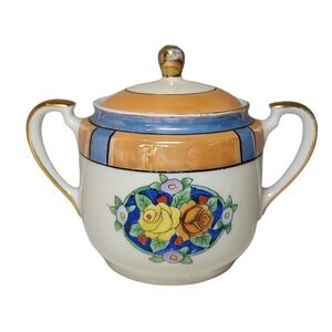 Antique Noritake Sugar Bowl and Lid Handpainted‎ Japan Lustreware Art Deco SEE